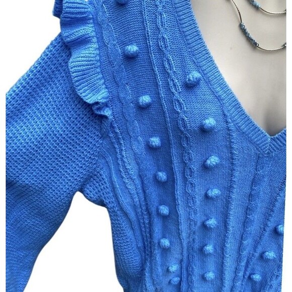 Lilly Pulitzer Greta Size L V-Neck Cable Knit Sweater Blue Boho Feminine Ruffle - Picture 14 of 16